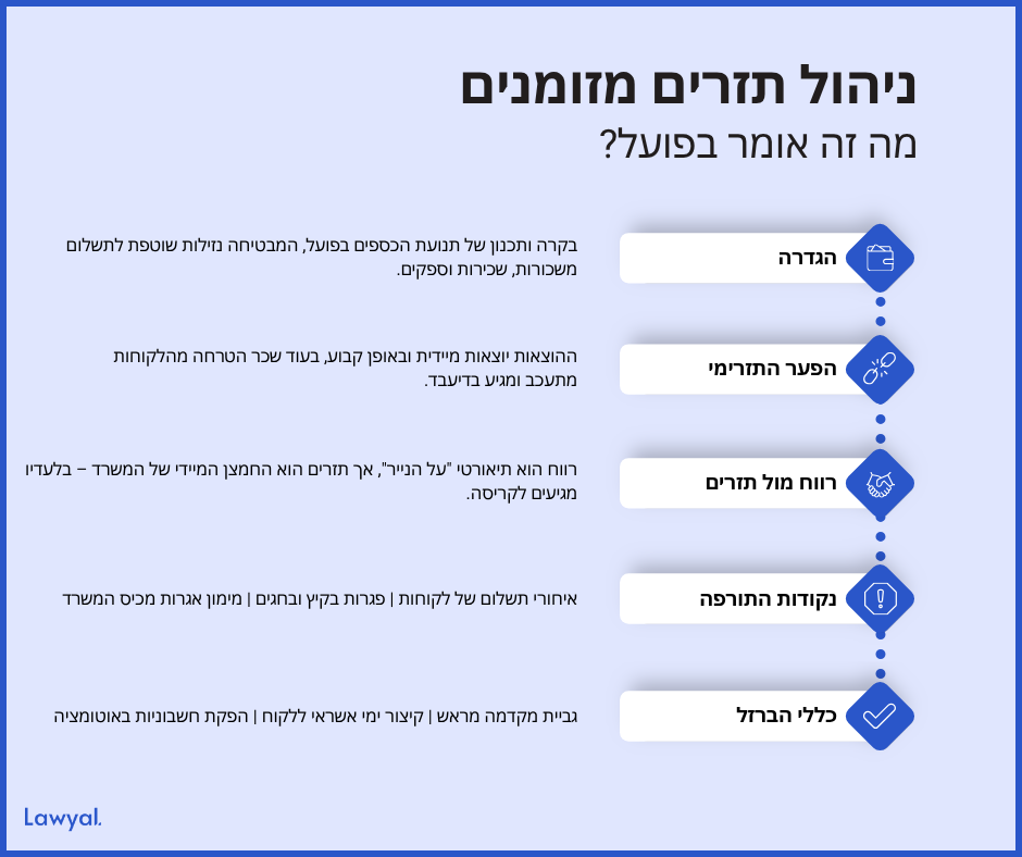 אינפוגרפיקת ציר המפרטת חמישה שלבים: הגדרה, פער תזרימי, רווח, נקודות תורפה וכללי ברזל