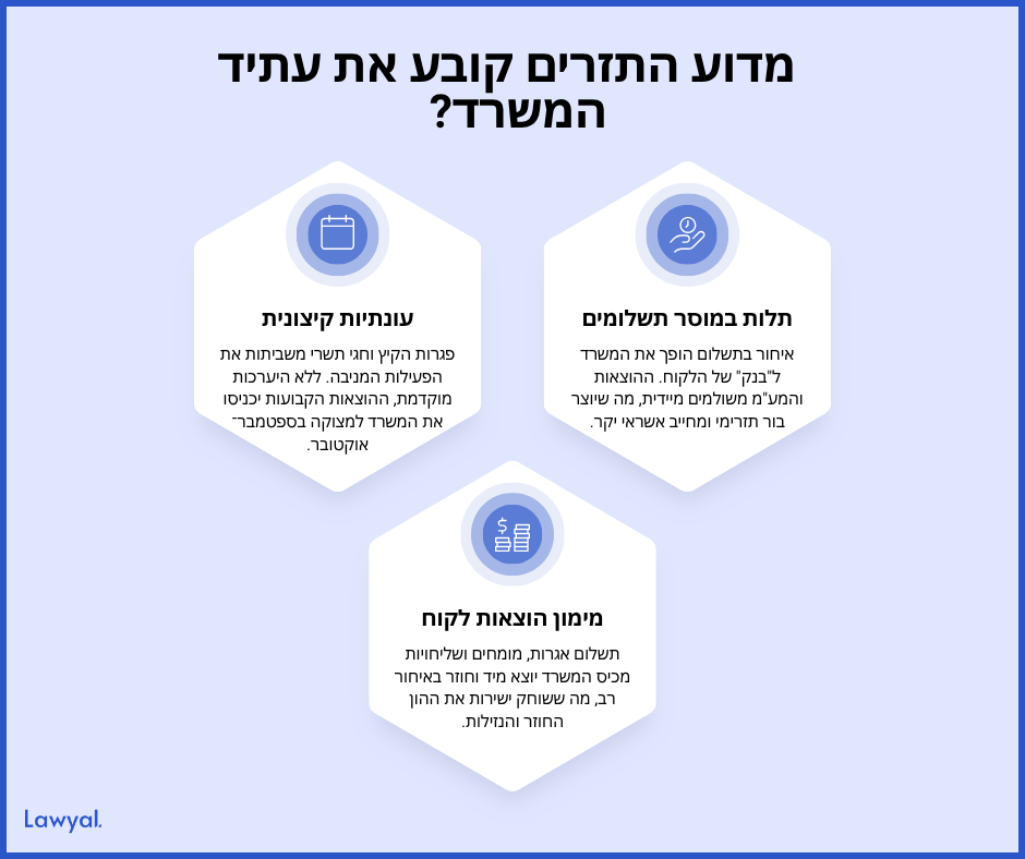 איור שלושה משושים המציג תלות במוסר תשלומים, עונתיות ומימון הוצאות לקוח